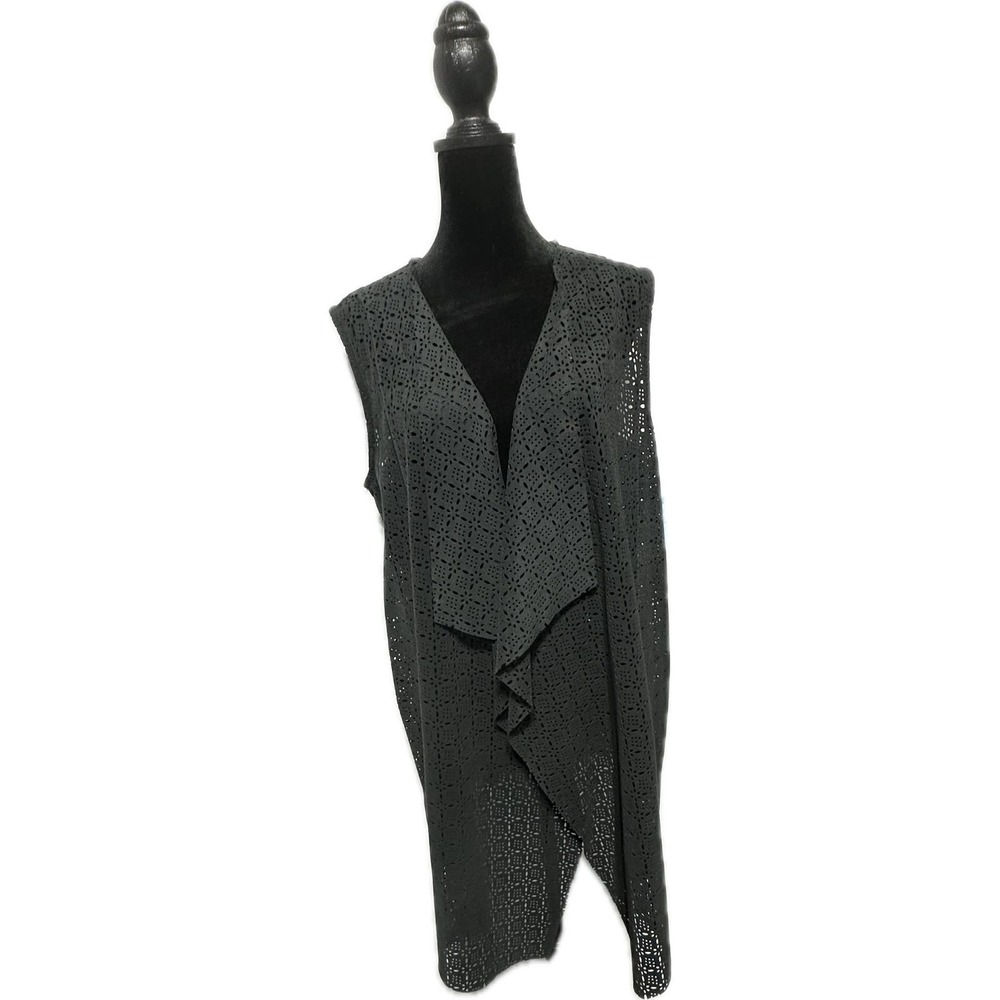 Soft Surroundings Women's Black Sleeveless Laser‎ Cut Draped Open Long Vest L